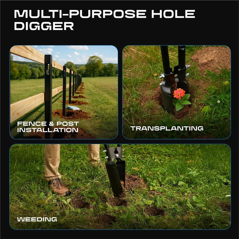 CKG Post Hole Digger Gardening Tool 57 inches,Heavy Duty with Fiberglass Handle, Plant Hole Digger for for Soil Plugging, Cultivating, Manual Fence Post Diggers, Black - Image 3